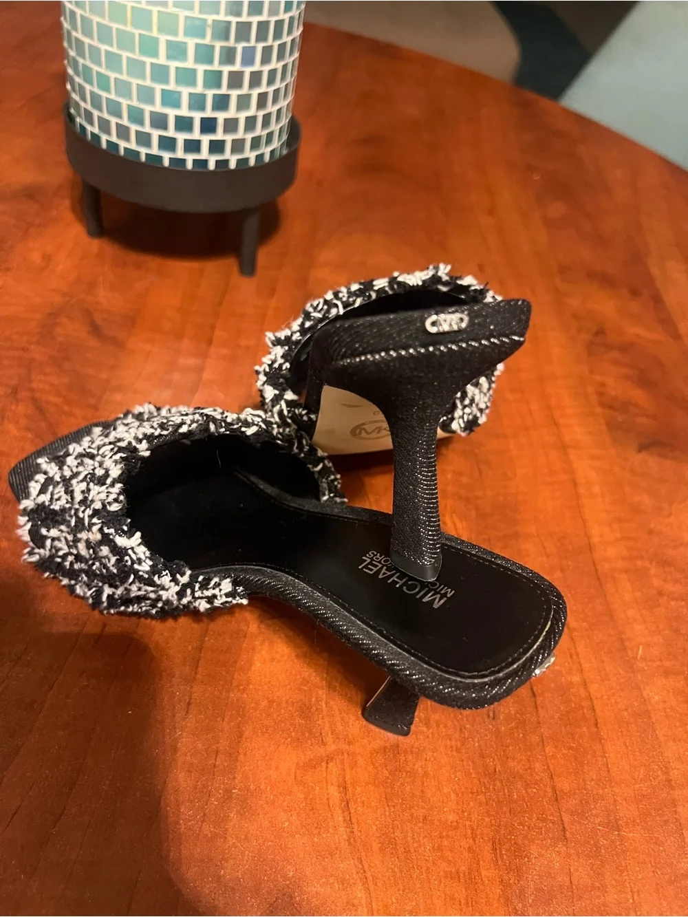 Michael Kors Black and White Tweed Slide Mules